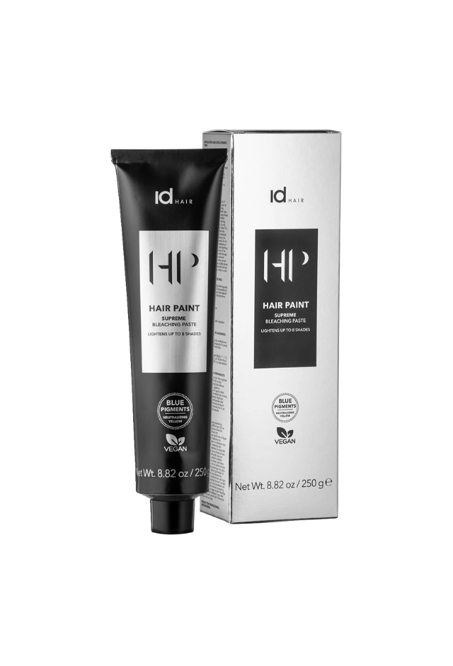 IdHAIR Hair Paint Supreme Bleaching Paste 250gr tuubissa. Kermainen vaalennuspasta joka vaalentaa jopa 8 astetta. Hellävaraisempi, mutta tehokas.